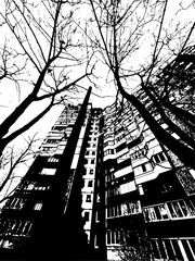 City monochrome background houses and trees. . hand drawing. Not AI Vector illustration.