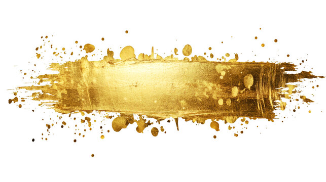 Gold paint brush stroke featuring vibrant splatters, isolated on a transparent background, creating a luxurious and elegant texture