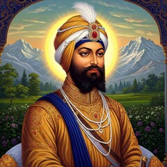 Fototapeta premium Majestic portrayal of Guru Gobind Singh Ji with a falcon, symbolizing bravery and leadership in Sikh heritage, courage, protector, divine aura, royalty, turban, determination, compassion, valor,