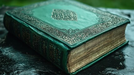 Fototapeta premium Ancient Quran rests on stone, outdoors, nature background; religious, spiritual context