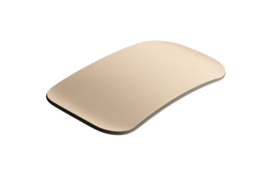 Sleek and minimalistic computer mouse resting on a clean, white desk during a creative work session isolated on transparent background