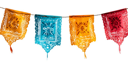 Vibrant papel picado flags strung together, casting colorful shadows with translucent backdrop