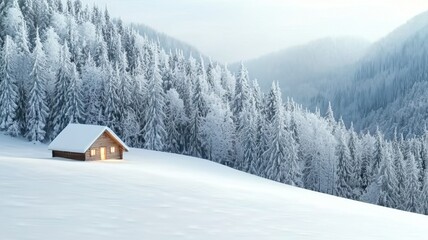 Snow-covered landscape with a cozy cabin surrounded by evergreen trees.