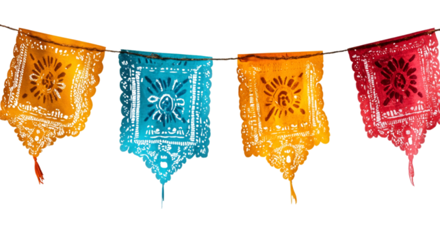 Vibrant papel picado flags strung together, casting colorful shadows with translucent backdrop