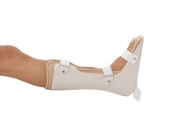 Bare Foot Wearing Flexible Elastic Supportive Orthopedic Ankle Brace in Studio with White Background and Copy Space, Compression stabilizer ankle. Foot injury, compression bandage, support