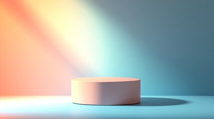 Simple cylindrical podium in pastel peach on a soft gradient blue background 