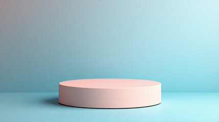 Simple cylindrical podium in pastel peach on a soft gradient blue background 