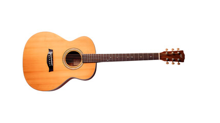 Close-up shot of an acoustic guitar with natural wood texture on a white background