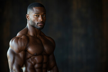 A muscular male bodybuilder confidently displays his impressive physique while posing in a gym. The low lighting highlights his defined muscles and showcases his dedication to fitness.