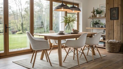 Fototapeta premium Modern Dining Room with Large Windows and Bright Interior Design