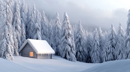 Cozy cabin in a snowy forest landscape during winter.