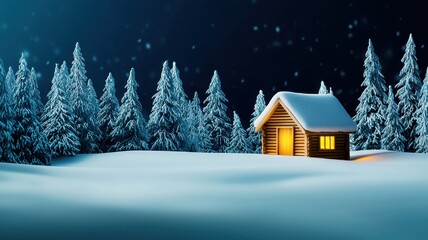 Naklejka premium Cozy cabin in a snowy landscape during a serene night.