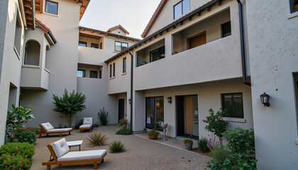 Fototapeta premium Charming courtyard with modern architecture and greenery, inviting serenity