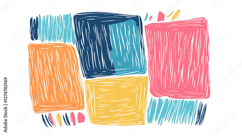 Poster Colorful hand-sketched geometric squares layering dynamically across transparent graphic design surface
