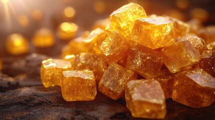 Golden sugar cubes on dark surface, sunset background; food, dessert, sweetness