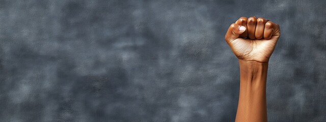 A hand in a fist raised up, symbolizing strength and empowerment, set against a minimalist blurred background with ample copy space, conveying a message of resilience and determination.