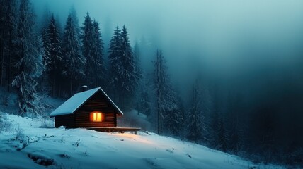 Cozy cabin illuminated in a snowy, foggy forest landscape.