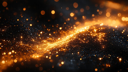 Fototapeta premium Shimmering golden confetti scattered on dark velvet background