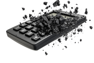 An explosive transformation: A calculator engulfed in a cloud of dark rubble in motion isolated on transparent background