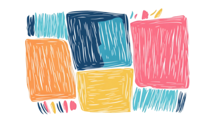 Colorful hand-sketched geometric squares layering dynamically across transparent graphic design surface