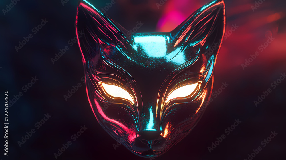 Wall mural A metallic iridescent fox mask suspended in the air glowing under a soft and ethereal light. nightglow. illustration. iridescent glow. illustration. Glowing Ethereal Masks. Illustration