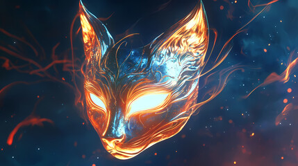 A metallic iridescent fox mask suspended in the air glowing under a soft and ethereal light. nightglow. illustration. Glowing Ethereal Masks. Illustration