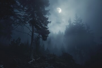 Fototapeta premium Mysterious forest illuminated by sunlight breaking through fog during early morning hours