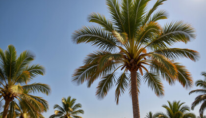 Tall palm trees swaying under clear blue sky, tropical paradise
