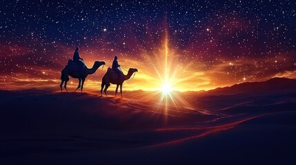 Desert sunrise, camel riders, starry sky, spiritual journey, religious imagery