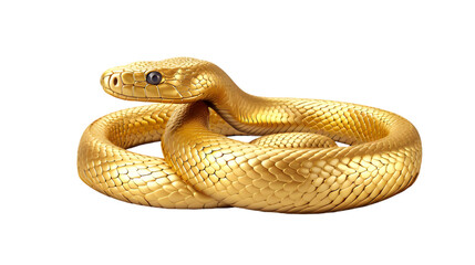 Fototapeta premium A stunning golden snake with intricate scales and a realistic texture, coiled and isolated on a white background, symbolizing wealth, power, and mythology.