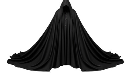 Naklejka premium A dramatic black hooded cloak with a flowing design, spread wide in a mysterious and gothic style, isolated on a white background.