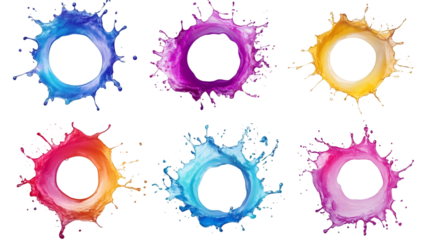 Six colorful paint splashes forming a circle frame on a transparent background, perfect for creative projects