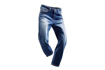 Floating blue jeans showcasing a modern, stylish look in a minimalistic white setting isolated on transparent background