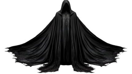 Mysterious hooded figure in a tattered black cloak, isolated on white. Dark fantasy, horror, and ghostly reaper concept. Scary spectral entity with flowing robes and shadowed face.

