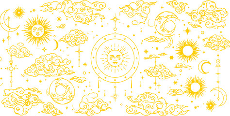 Fototapeta premium Golden oriental Chinese and Japanese clouds, sun and moon, vector icons for pattern. Asian style clouds in golden line for Chinese decor element and Japanese ornaments with crescent moon and stars