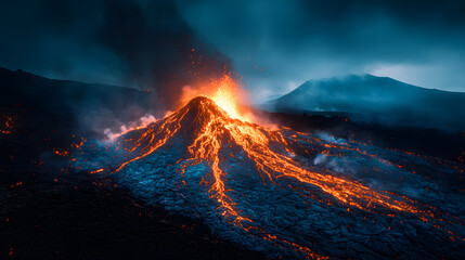 Dramatic Volcano Eruption: A powerful image showing a volcano erupting, with rivers of molten lava flowing down its slopes, set against a dark and dramatic sky.