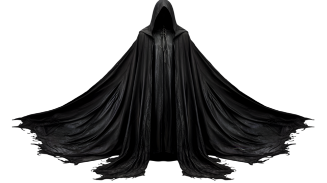 Mysterious hooded figure in a tattered black cloak, isolated on white. Dark fantasy, horror, and ghostly reaper concept. Scary spectral entity with flowing robes and shadowed face.

