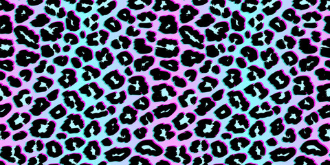 Leopard print pattern. Vector seamless background. Animal skin texture in retro 1980s - 1990s fashion style, trendy neon colors, holographic effect. Futuristic nostalgic pop art pattern. Repeat design