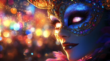 Carnival is a vibrant festival of artistic expression. people wear colorful masks. mysterious woman in glittering mask at vibrant carnival scene. Glowing Ethereal Masks. Illustration
