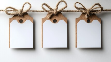 Blank gift tags tied with twine on white background, ideal for mockup