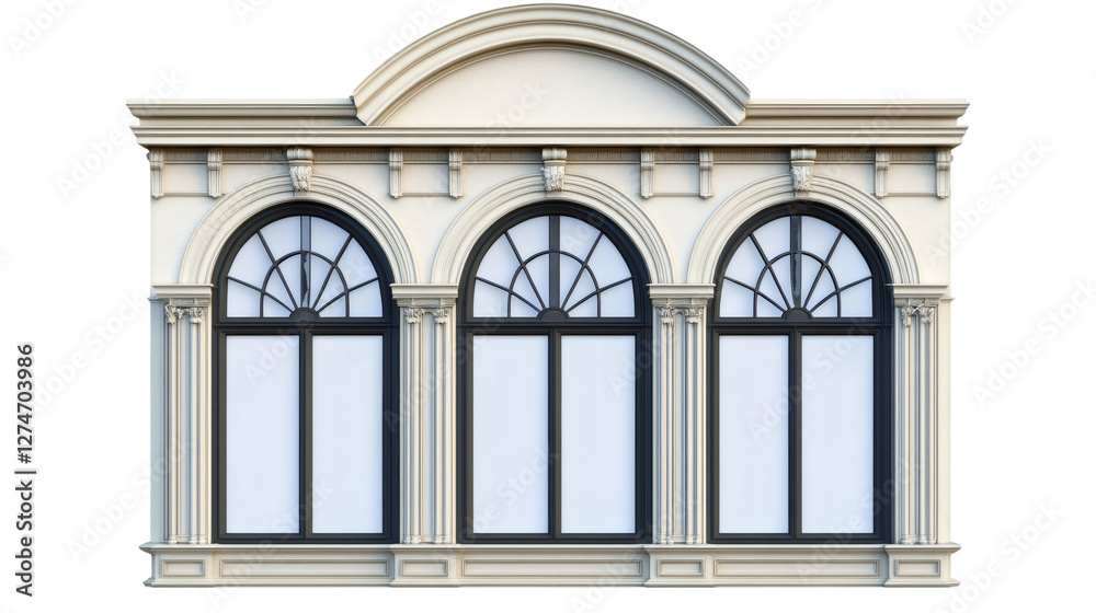 Poster Architectural facade with three arched windows, transparent background highlighting structural design elements