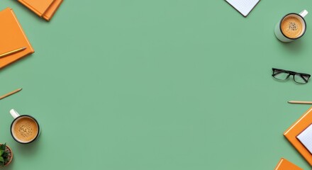 Office desk with coffee, glasses, and orange notebooks on green background