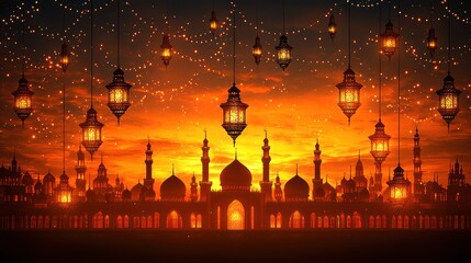 Festive Ramadan lanterns illuminate mosque at sunset