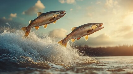 Fototapeta premium a salmon fish leaping out of the water, showcasing its powerful motion and natural beauty, highlighting the energy and agility of this remarkable aquatic