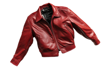 A striking red leather jacket suspended in air, showcasing its sleek style and texture isolated on transparent background