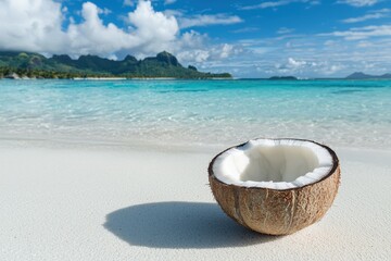 Tropical Paradise: Serene Beachfront with Coconut Palms and Exotic Blue Sky Scenery