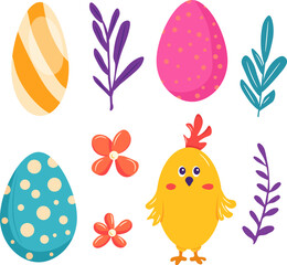 Easter, eggs, chicken, flowers, branch of leaves. Vector clipart, illustration with isolated background.