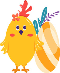 Easter, eggs, chicken, flowers, branch of leaves. Vector clipart, illustration with isolated background.