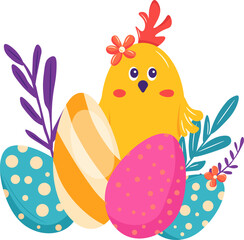 Easter, eggs, chicken, flowers, branch of leaves. Vector clipart, illustration with isolated background.