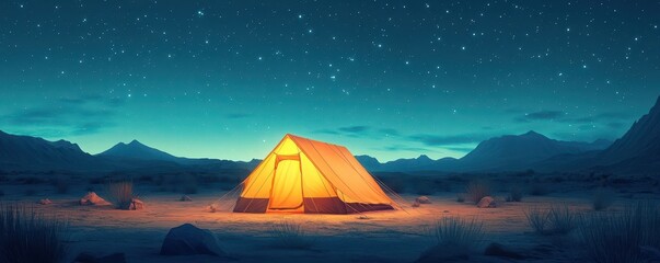 Illuminated tent under starry night sky in desert landscape